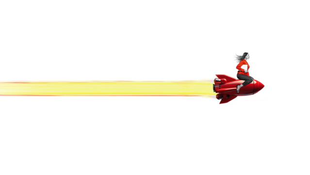 Woman launch of a red rocket isolated on clear PNG background, made of precious metal. Successful start concept. - Powered by Adobe