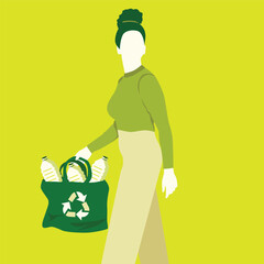 Silhouette of Woman Carrying Bag of Plastic Bottles for Recycle Eco Lifestyle Illustration
