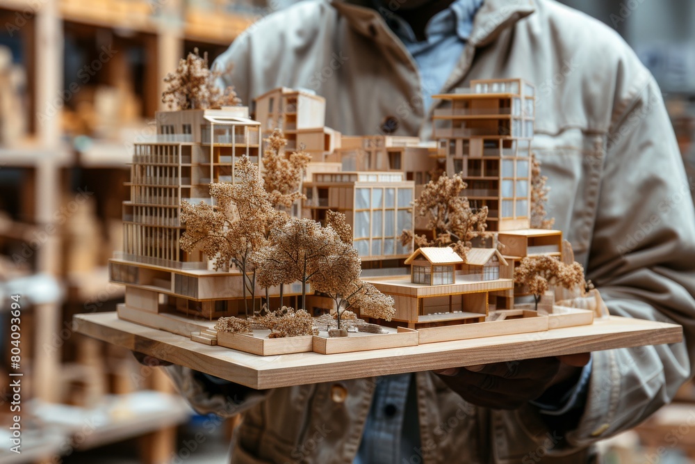 Poster an architect presents a detailed scale model of a building complex, showcasing design and craftsmans