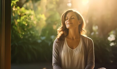 Serene woman finds inner peace and renewal in the soothing embrace of nature's golden sunlight, connecting with the environment