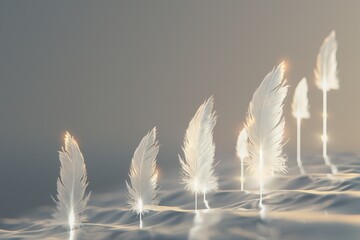 A graph of ascending, light-infused feathers, each feather lighter and higher than the last, set against a peaceful, dawn gray background.