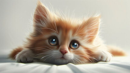 A cute, fluffy kitten lying down comfortably on a soft surface.