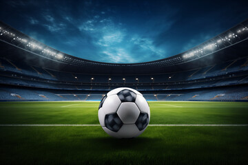 футбольный мяч, выставленный на зеленом поле стадиона, сфокусированном в центре кадра. Задний план украшен контуром стадионных трибун, создавая образ динамичного спортивного мероприятия и напряженной 