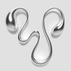 3D liquid metal letter V melted, with a glossy reflective surface and abstract fluid droplet shape, featuring a silver or chrome gradient. Isolated vector for Y2K design alphabet font