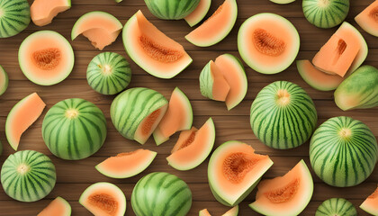 Whole and sliced of Japanese melons,honey melon or cantaloupe (Cucumis melo) on wooden table with blurred garden background.Favorite fruit
