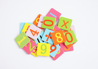 Naklejka premium Number wood block cubes for learning Mathematic, education math concept.