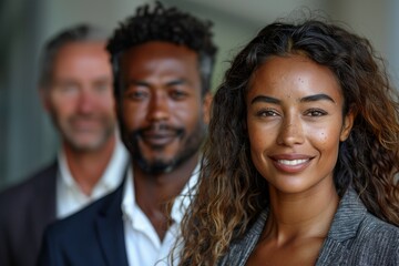 Fototapeta premium Confident professional woman smiling with male colleagues in the background, suggests leadership and teamwork