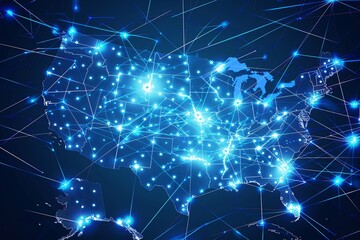 Fototapeta premium Cutting-Edge Digital Map of USA: Modern Network Connectivity with Vibrant Blue Lines and Glowing Nodes