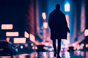 Silhouette of a man walking down the street among the lights of the night city