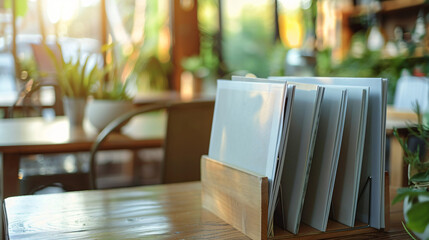 Blank magazines in holder on table - Powered by Adobe