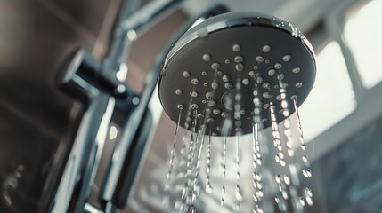 Macro view of a water-efficient low-flow showerhead in operation, focusing on water conservation and energy savings in heating.