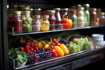 Fresh fruits and vegetables in glass jars on shelf in refrigerator, closeup