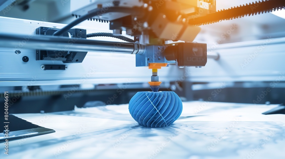 Poster close-up of a 3d printer creating components for renewable energy systems, focusing on innovative ma