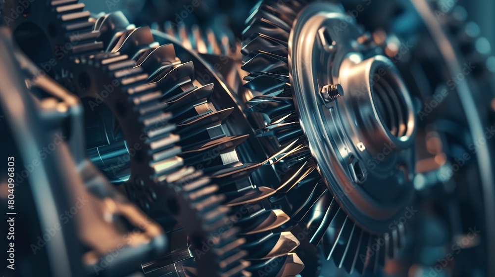Poster macro view of an ultramodern wind turbine gearbox, focusing on the technology that enables efficient