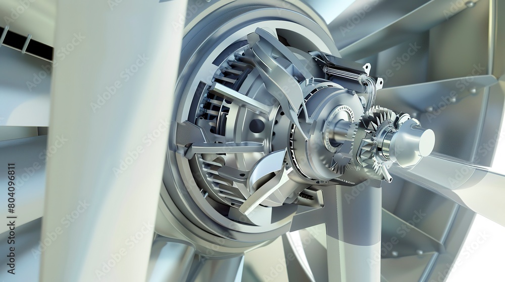 Poster macro view of an ultramodern wind turbine gearbox, focusing on the technology that enables efficient