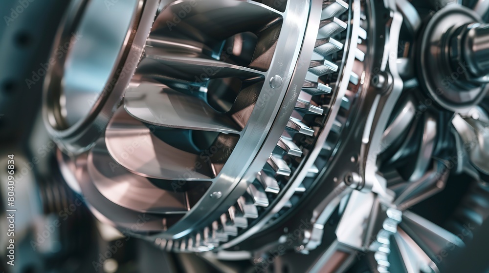 Poster macro view of an ultramodern wind turbine gearbox, focusing on the technology that enables efficient