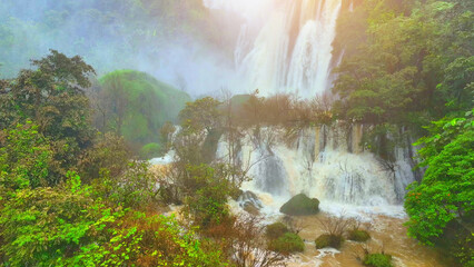 Unveil the beauty of a hidden waterfall concealed amidst the thick, verdant foliage of the tropical...