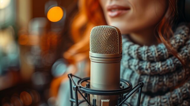 A woman in a soundproof room is preparing material for voice recording, focusing on professional vocal delivery for dubbing or voiceover work. The concept is Voiceover Preparation.