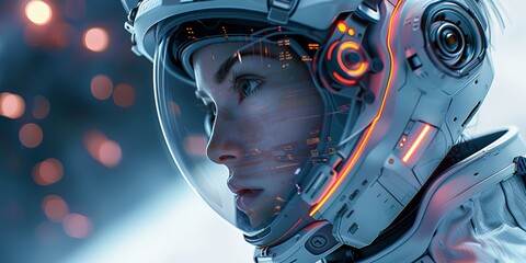 A futuristic astronaut wearing an advanced helmet with integrated digital displays gazes intently into the distance.
