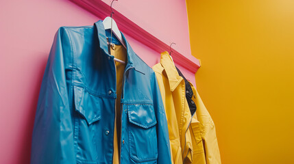 Blue and yellow jackets hanging on pink wall 