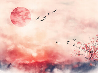 ピンクパステル画の風景