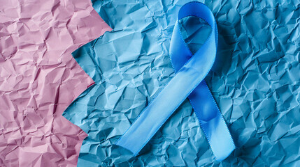 Blue ribbon on color creased paper. Prostate cancer 