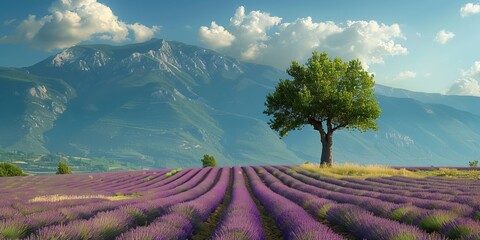 Single tree at the end of rows of flowering lavender, lavender field with mountains in the...