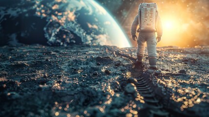A Space conquest and back to the moon race concept image with an astronaut walking on the moon and view of the earth in background.