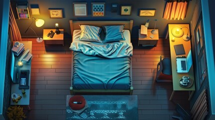 An illustration of a modern bedroom interior at the top