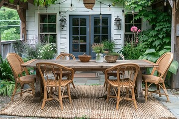Garden outdoor dining area with wooden chairs and table professional photography