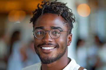 Fototapeta premium Close-up of a cheerful young African American man with glasses and curly hair looking at the camera, indoors with a blurred background