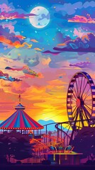 Obraz premium Vector background of amusement park. Poster design invitation of the carnival funfair and amusement with sunset. Ferris wheel, roller coaster and carousel festive parks attractions.