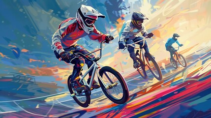 Illustration of several BMX athletes on a multi-colored background. Summer competitions