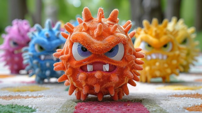 Close-up of menacing cartoon microbes infesting a dirty and grimy carpet surface