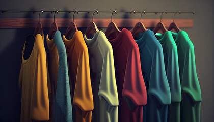 A vibrant assortment of shirts hanging on a rack in a room. Neatly arranged rows of clothes.