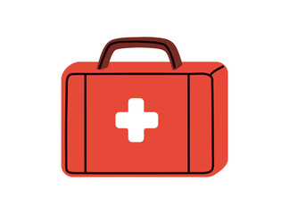 First aid kit, emergency medical box. Red suitcase with cross. Health assistance, healthcare equipment. Portable case, firstaid briefcase. Flat vector illustration isolated on white background