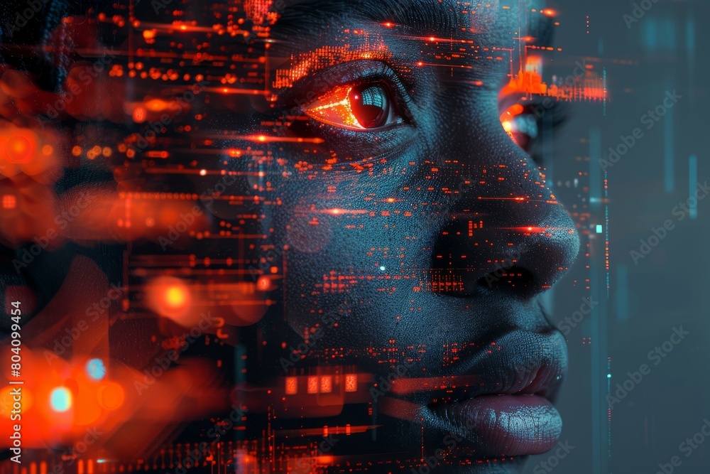 Poster intricately designed art piece with glowing red lights mimicking a circuit board's pathways and stru