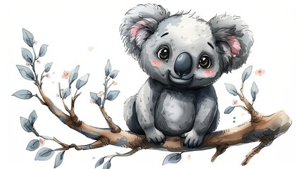 Drawing of a cute koala sitting on a branch on a white background. Isolated background