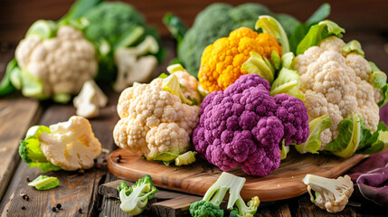 Board with colorful cauliflowers on wooden table