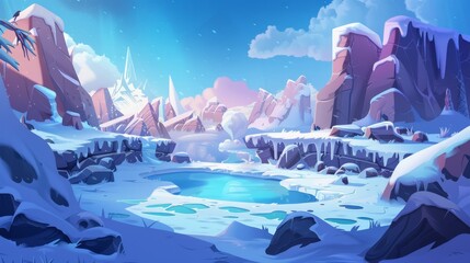 Stunning winter landscape with frozen pond and rocks covered with snow. Resort, wild park or garden with icy peaks under blue skies, cartoon modern illustration. .