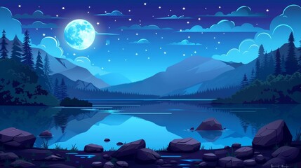 In the night sky, a lake, mountains, trees and clouds silhouettes are surrounded by rocks, a coniferous forest along the river shore, the moon, clouds and stars.