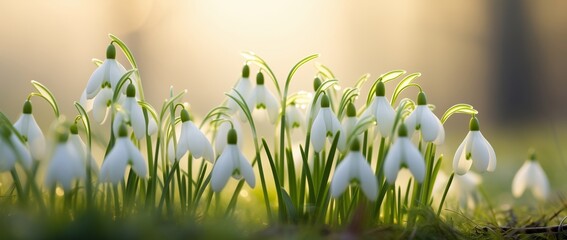 Snowdrops blooming in early spring sunrise. Springtime and nature awakening concept for greeting cards and wallpapers. Banner with copy space.