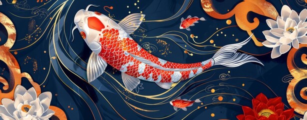 A koi fish with an orange body, white and red stripes on its back