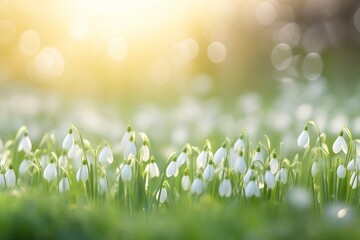 Snowdrops blooming in early spring sunrise. Springtime and nature awakening concept for greeting cards and wallpapers. Banner with copy space.