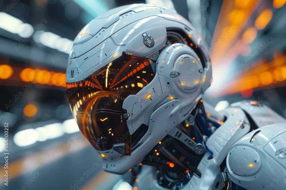 Poster close-up image capturing the intricate design and glowing eyes of a futuristic robot head, symbolizi