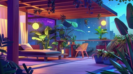 The rooftop garden of a building containing plants and furniture at night is a modern cartoon illustration of modern furniture on the balcony or roof of a house with shrubs, trees, lamps and a table