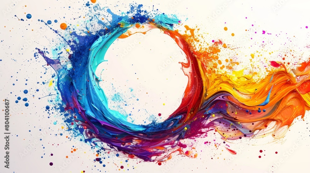 Poster a dynamic arrangement of colorful paint splashes forming an elegant crescent shape