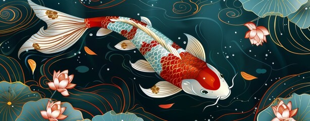 A koi fish with an orange body, white and red stripes on its back