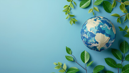 Paper planet Earth with green leaves on blue background. Earth day celebration