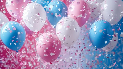 A festive scene is depicted with balloons and confetti pink, blue, and white